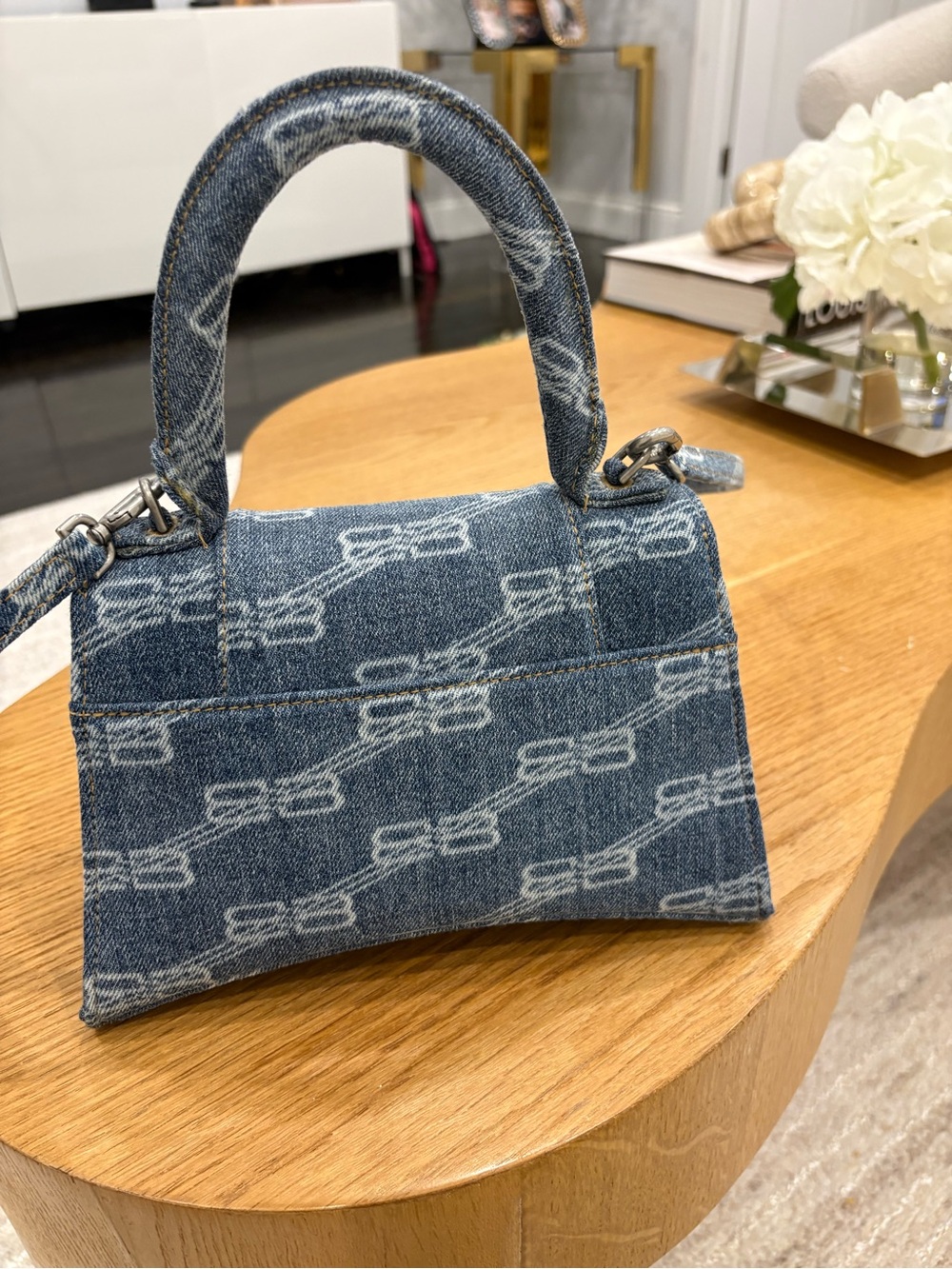 Balenciaga Blue Denim Mini Hourglass Top-Handle Bag - Picture 3 of 6